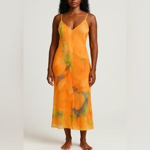 Orange Floral Silk Dress